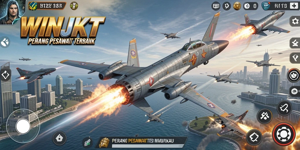 Tampilan antarmuka game Perang Pesawat yang menegangkan dan futuristik.
