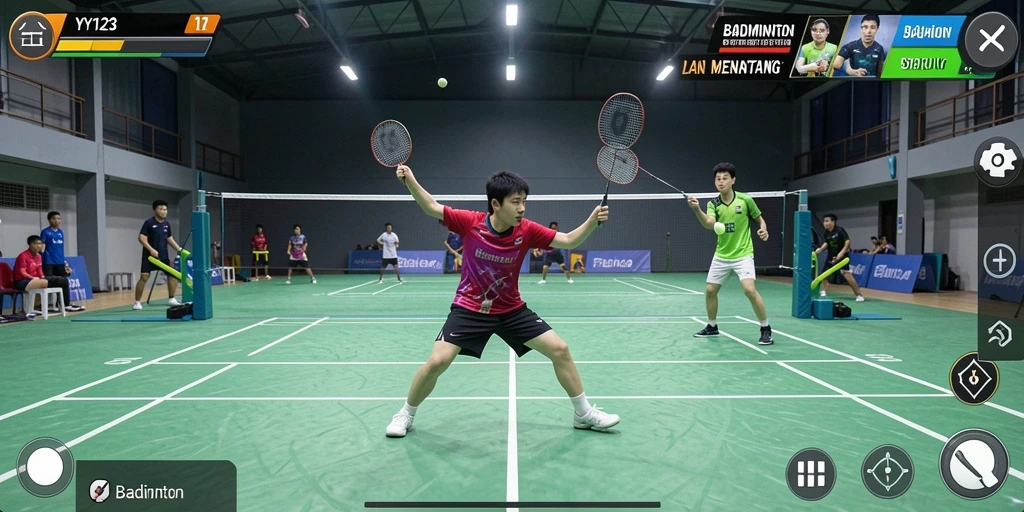 Tampilan antarmuka game Badminton yang menarik dan interaktif.